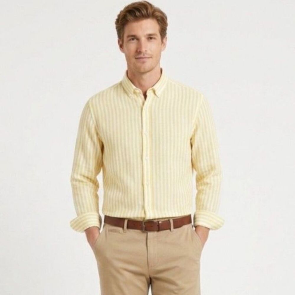 Piombo Men's NWT Yellow White Stripe Linen Blend LS Button-Down Shirt Size XXL